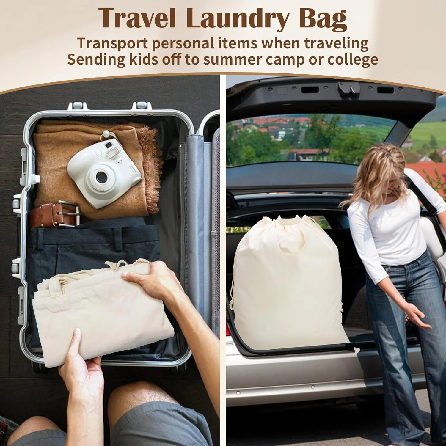 Cotton Laundry Bag with Handles and Sturdy Canvas Fabric, Extra Large Heavy Duty Washable Laundry Bag Basket Liner Hamper Liner for Travel, Camp, College (XL, 2 Pack)