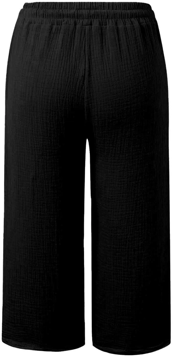 Cotton Linen Capri Pants for Women Wide Leg Summer Casual Plus Size Capris High Waisted Drawstring Trousers Beach Pant