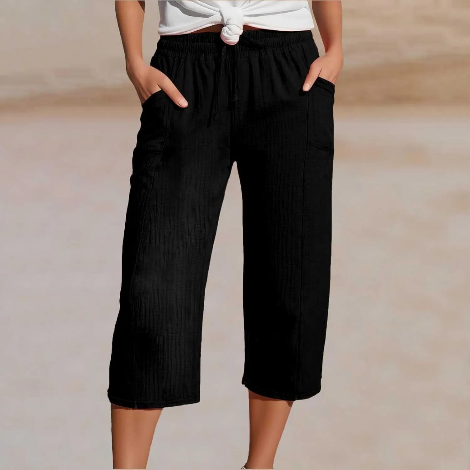 Cotton Linen Capri Pants for Women Wide Leg Summer Casual Plus Size Capris High Waisted Drawstring Trousers Beach Pant