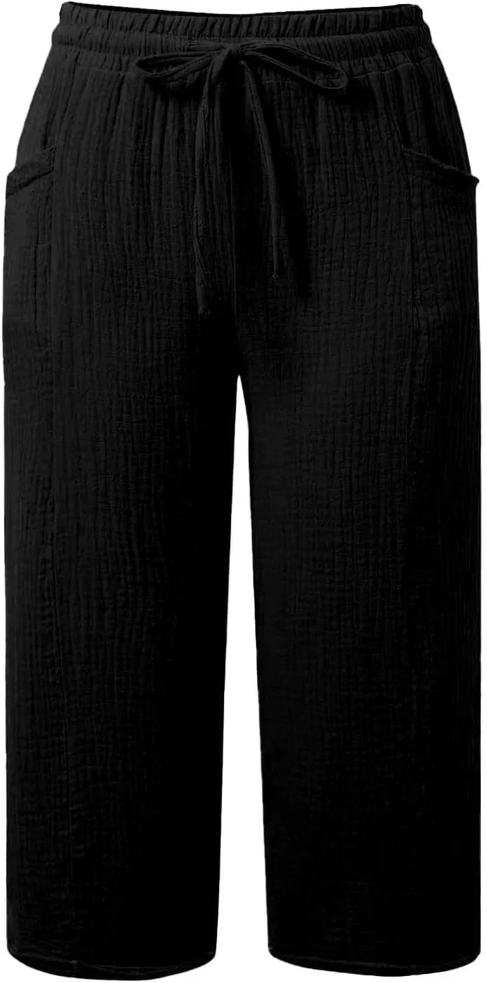 Cotton Linen Capri Pants for Women Wide Leg Summer Casual Plus Size Capris High Waisted Drawstring Trousers Beach Pant
