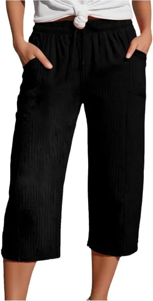 Cotton Linen Capri Pants for Women Wide Leg Summer Casual Plus Size Capris High Waisted Drawstring Trousers Beach Pant