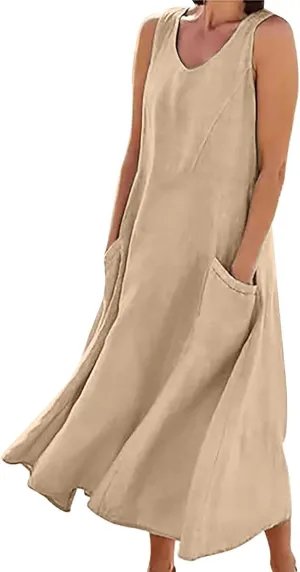 Cotton Linen Dresses for Women 2025 Casual Sleeveless Summer Beach Outfits Plus Size Spring Vacation Maxi Sundresses