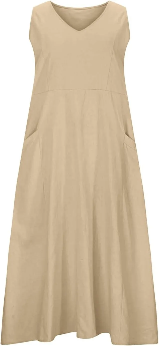 Cotton Linen Dresses for Women 2025 Casual Sleeveless Summer Beach Outfits Plus Size Spring Vacation Maxi Sundresses