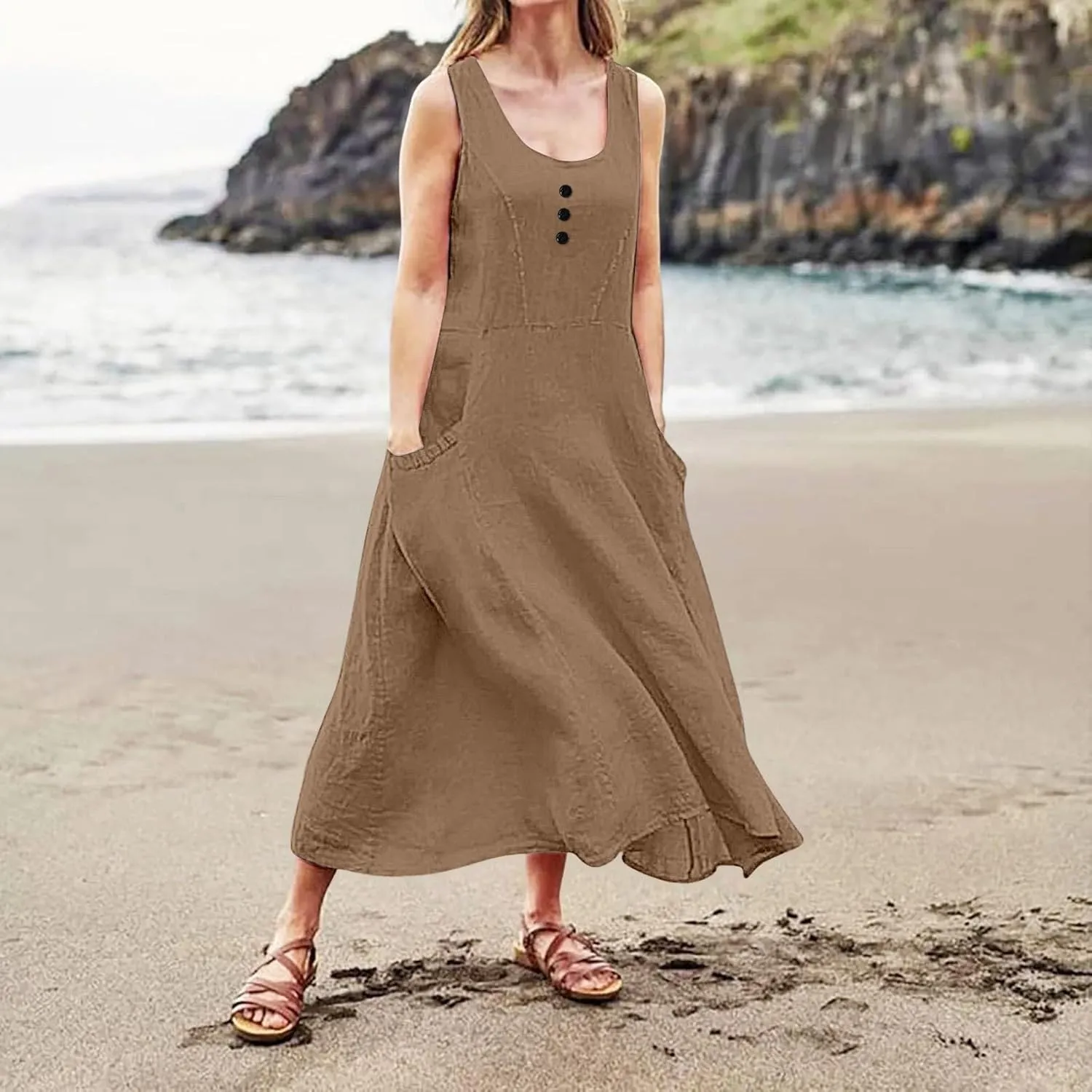 Cotton Linen Dresses for Women 2025 Casual Sleeveless Summer Beach Outfits Plus Size Spring Vacation Maxi Sundresses