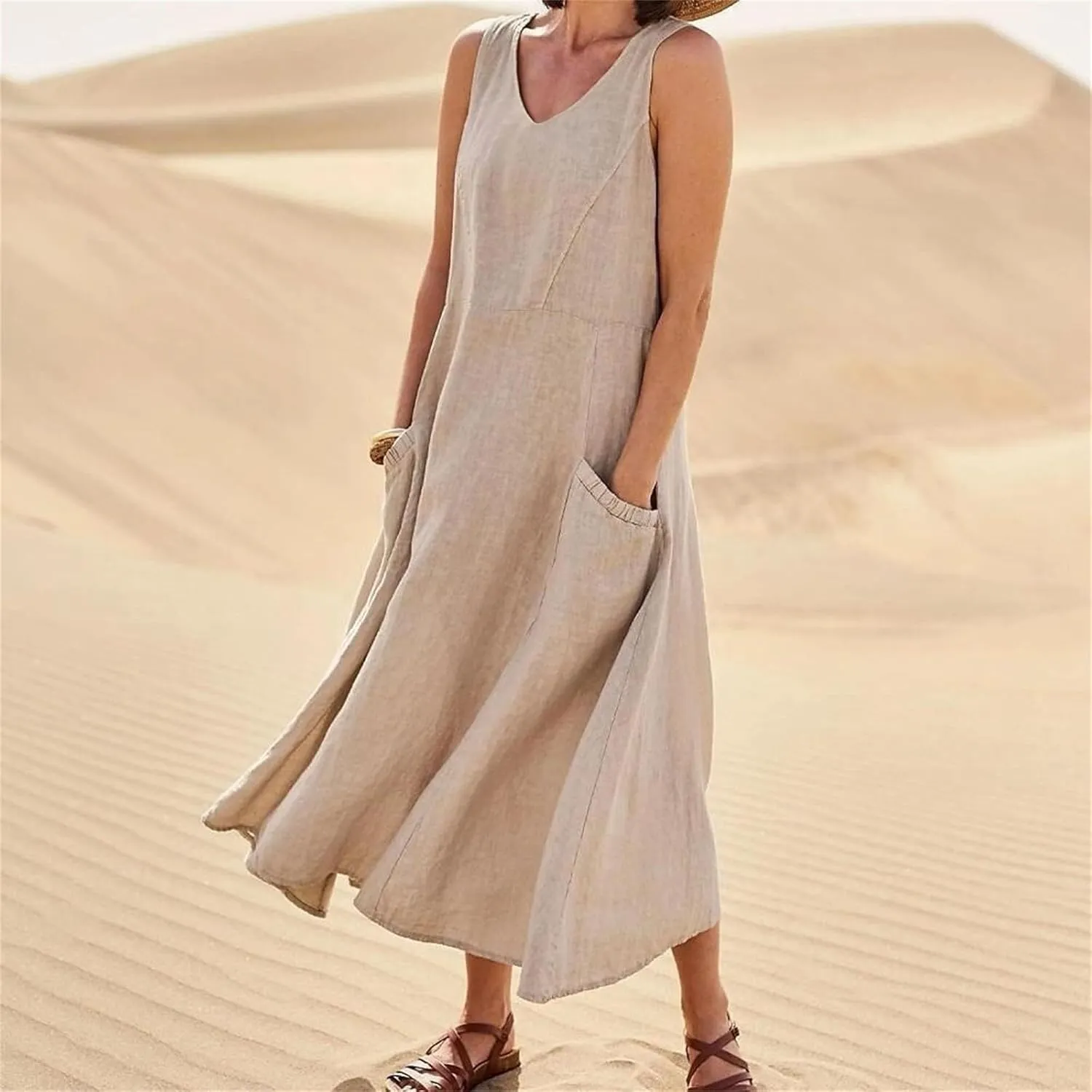 Cotton Linen Dresses for Women 2025 Casual Sleeveless Summer Beach Outfits Plus Size Spring Vacation Maxi Sundresses