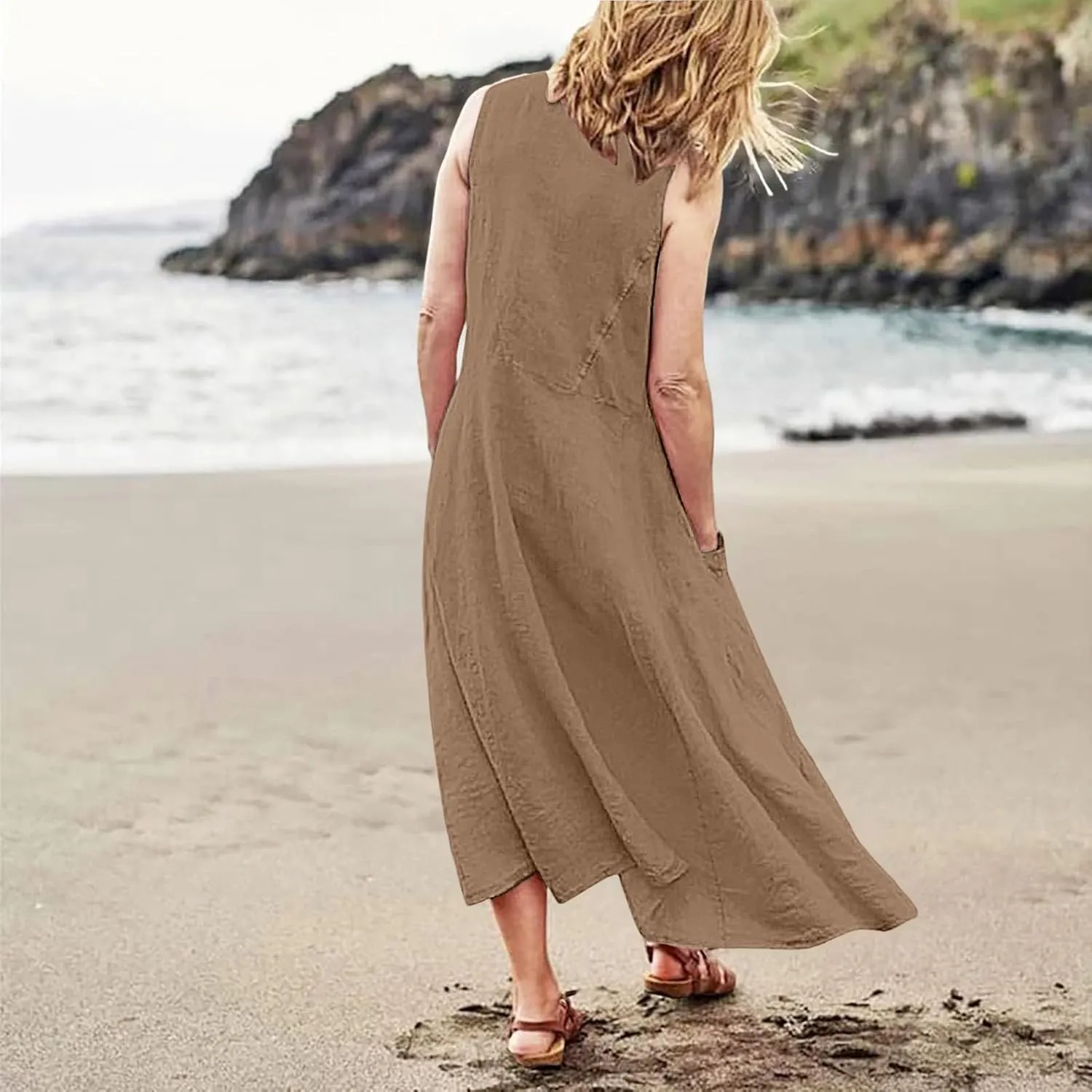 Cotton Linen Dresses for Women 2025 Casual Sleeveless Summer Beach Outfits Plus Size Spring Vacation Maxi Sundresses