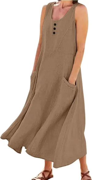 Cotton Linen Dresses for Women 2025 Casual Sleeveless Summer Beach Outfits Plus Size Spring Vacation Maxi Sundresses