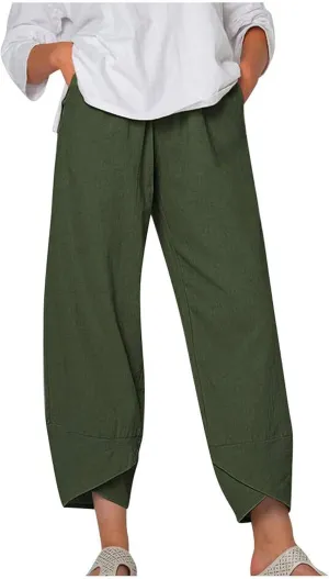Cotton Linen Pants for Women Summer Casual Capri Pants Waist Elastic Comfy Loose Women's Palazzo Trousers with Pockets