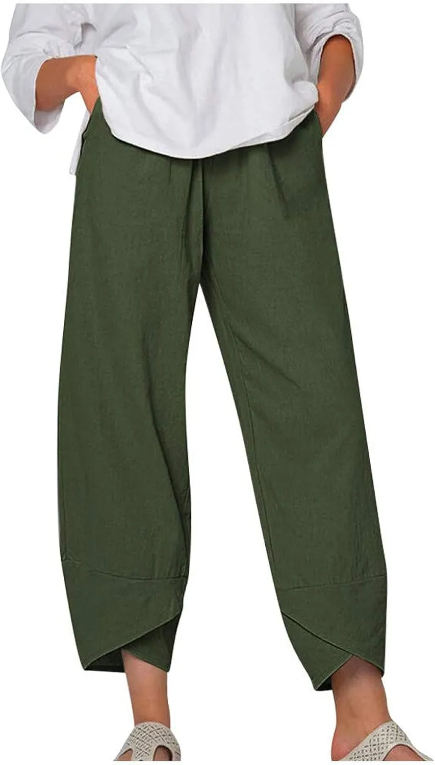 Cotton Linen Pants for Women Summer Casual Capri Pants Waist Elastic Comfy Loose Women's Palazzo Trousers with Pockets