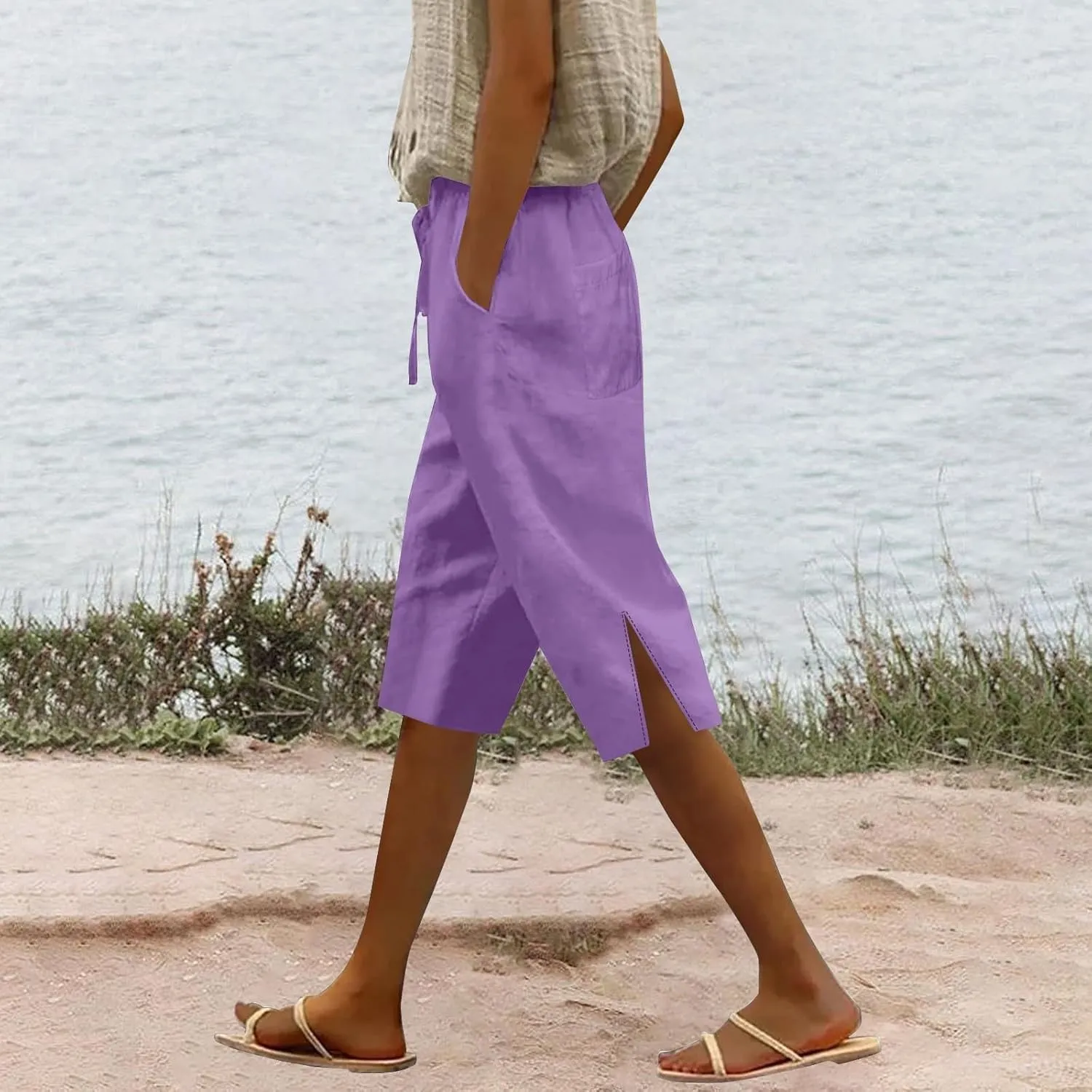 Cotton Linen Pants Summer Capri Pants for Women Straight Wide Leg Cropped Trousers with Elastic Drawstring Waist