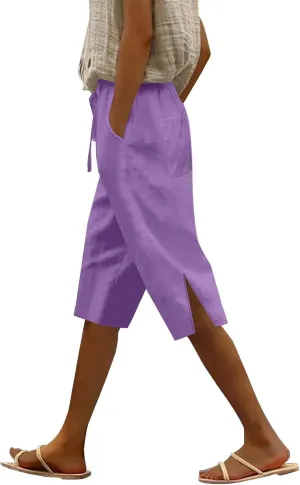 Cotton Linen Pants Summer Capri Pants for Women Straight Wide Leg Cropped Trousers with Elastic Drawstring Waist