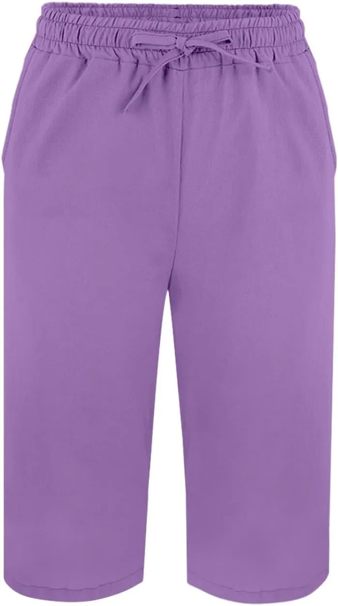 Cotton Linen Pants Summer Capri Pants for Women Straight Wide Leg Cropped Trousers with Elastic Drawstring Waist