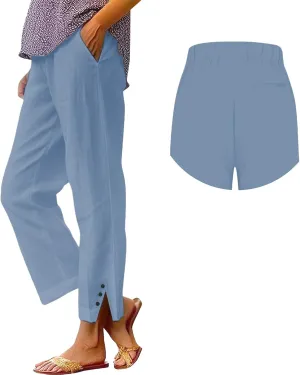 Cotton Linen Pants Women Elastic High Waist Straight Leg Lounge Pants Casual Slacks Summer Trouser with Pockets
