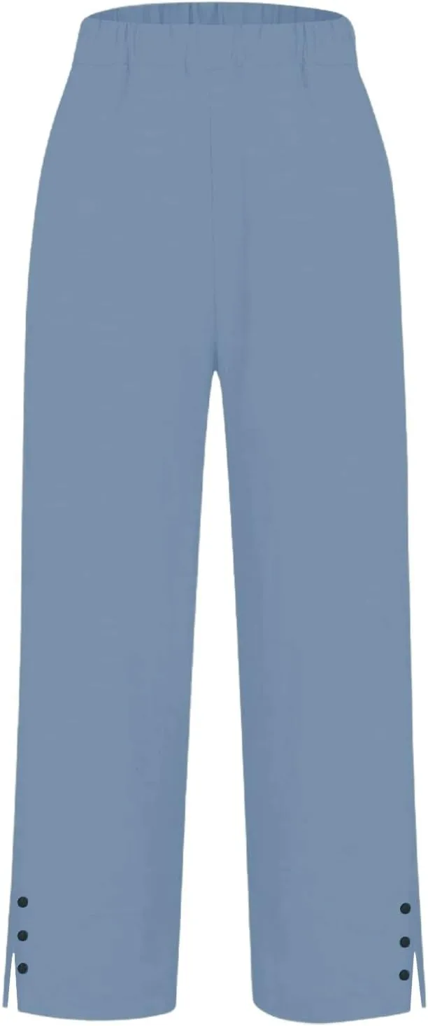 Cotton Linen Pants Women Elastic High Waist Straight Leg Lounge Pants Casual Slacks Summer Trouser with Pockets
