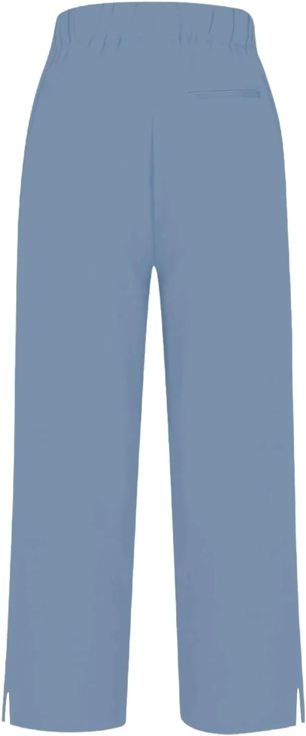 Cotton Linen Pants Women Elastic High Waist Straight Leg Lounge Pants Casual Slacks Summer Trouser with Pockets