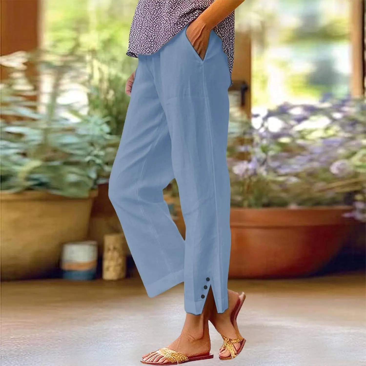 Cotton Linen Pants Women Elastic High Waist Straight Leg Lounge Pants Casual Slacks Summer Trouser with Pockets