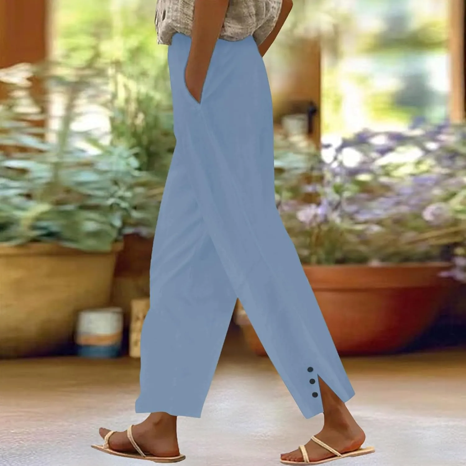 Cotton Linen Pants Women Elastic High Waist Straight Leg Lounge Pants Casual Slacks Summer Trouser with Pockets