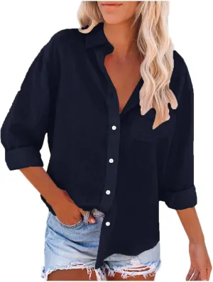 Cotton Linen Shirts for Women Long Sleeve Button Down Oversized Tshirts with Pockets Summer Beach Loose Gauze Tunic