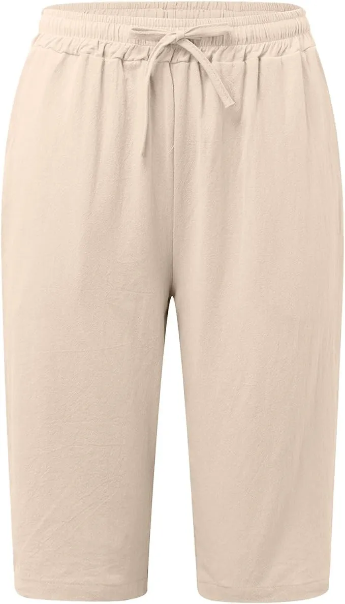 Cotton Linen Shorts for Women Casual Loose Beach Pants Summer Linen Bermuda Shorts Pants Women Plus Size
