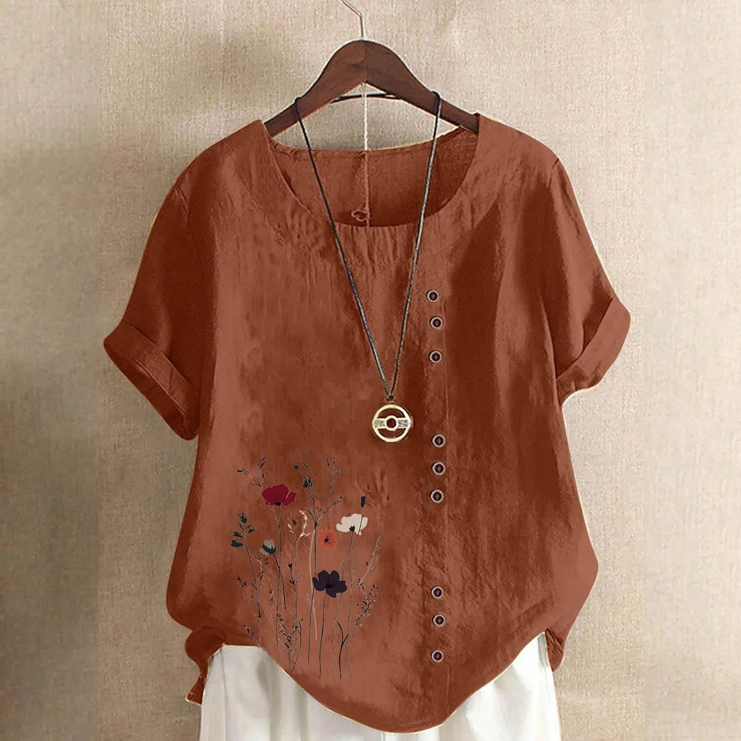 Cotton Linen Tops for Women Loose Casual Floral Print Blouse Trendy Roll Up Short Sleeve T-Shirt Summer Basic Tees
