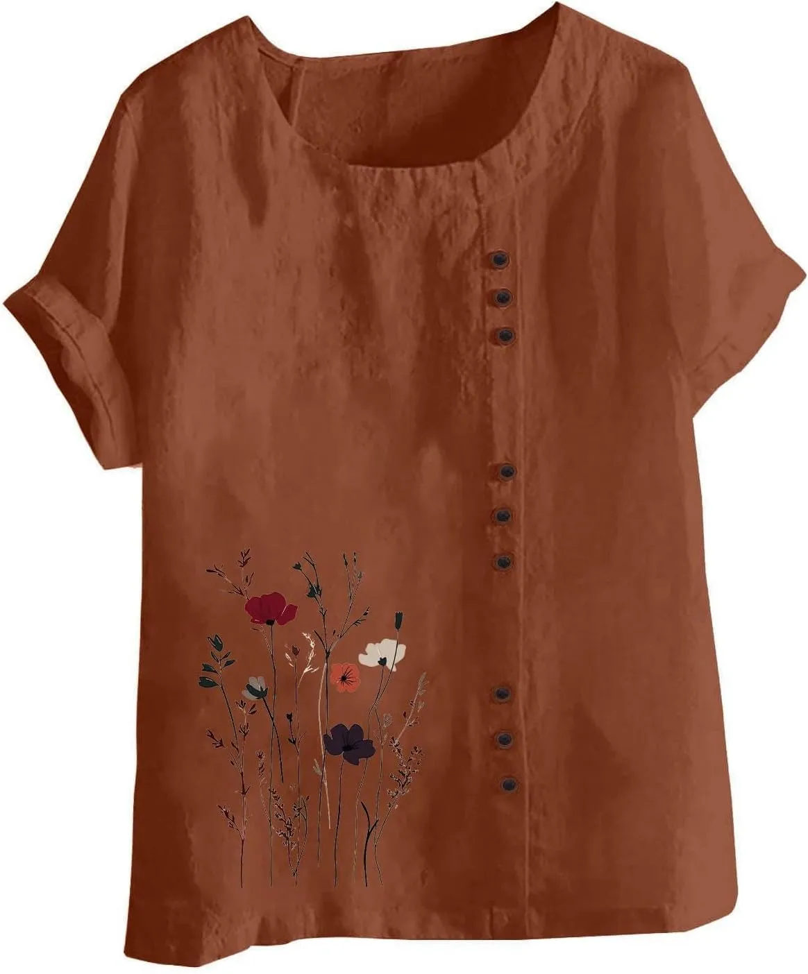 Cotton Linen Tops for Women Loose Casual Floral Print Blouse Trendy Roll Up Short Sleeve T-Shirt Summer Basic Tees