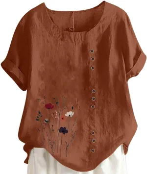 Cotton Linen Tops for Women Loose Casual Floral Print Blouse Trendy Roll Up Short Sleeve T-Shirt Summer Basic Tees