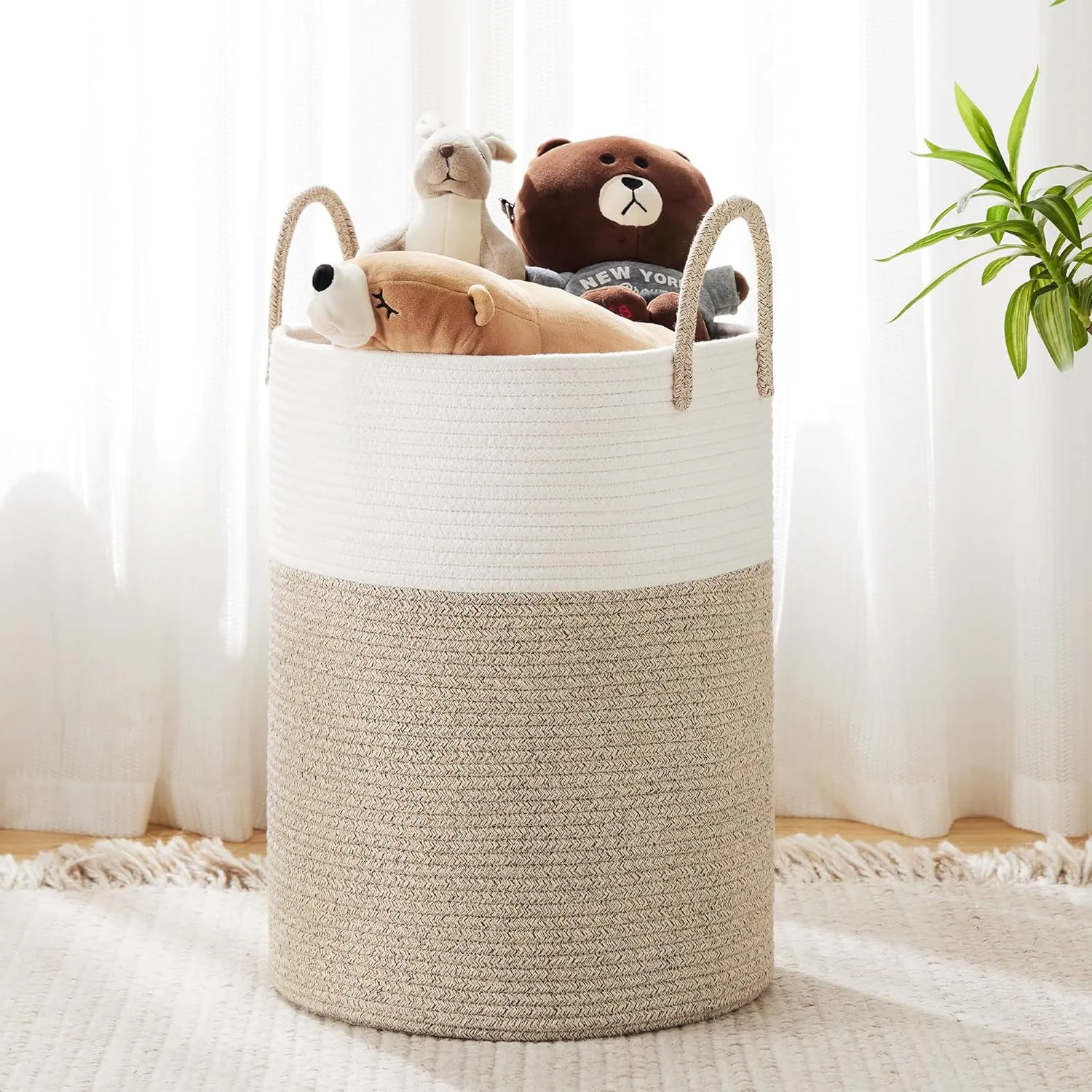 Cotton Rope Laundry Basket by YOUDENOVA, 43L Woven Collapsible Laundry Hamper, Clothes Hamper with Reinforced Handles in the Laundry Room, Bedroom, Bathroom, Brown