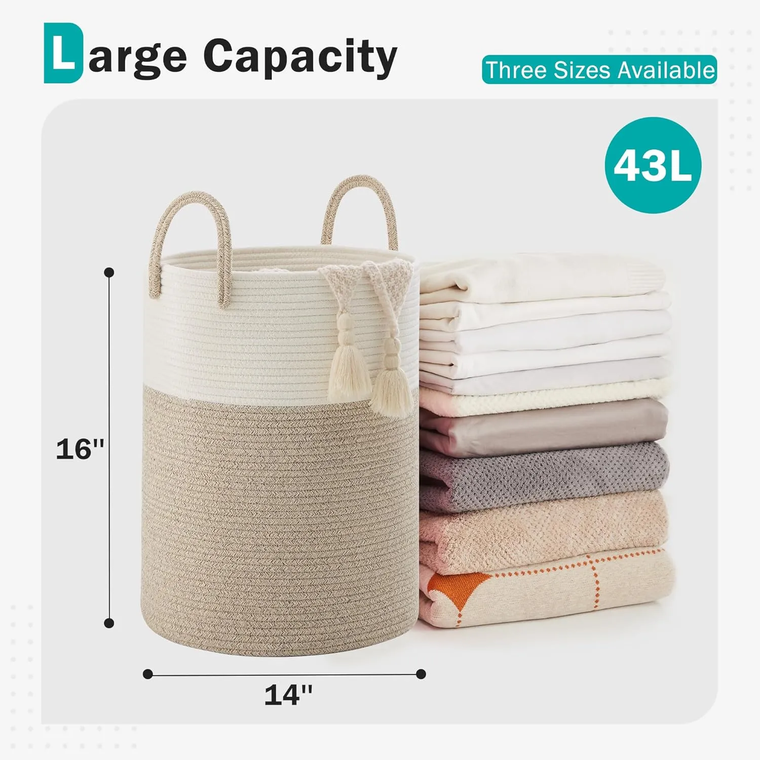 Cotton Rope Laundry Basket by YOUDENOVA, 43L Woven Collapsible Laundry Hamper, Clothes Hamper with Reinforced Handles in the Laundry Room, Bedroom, Bathroom, Brown