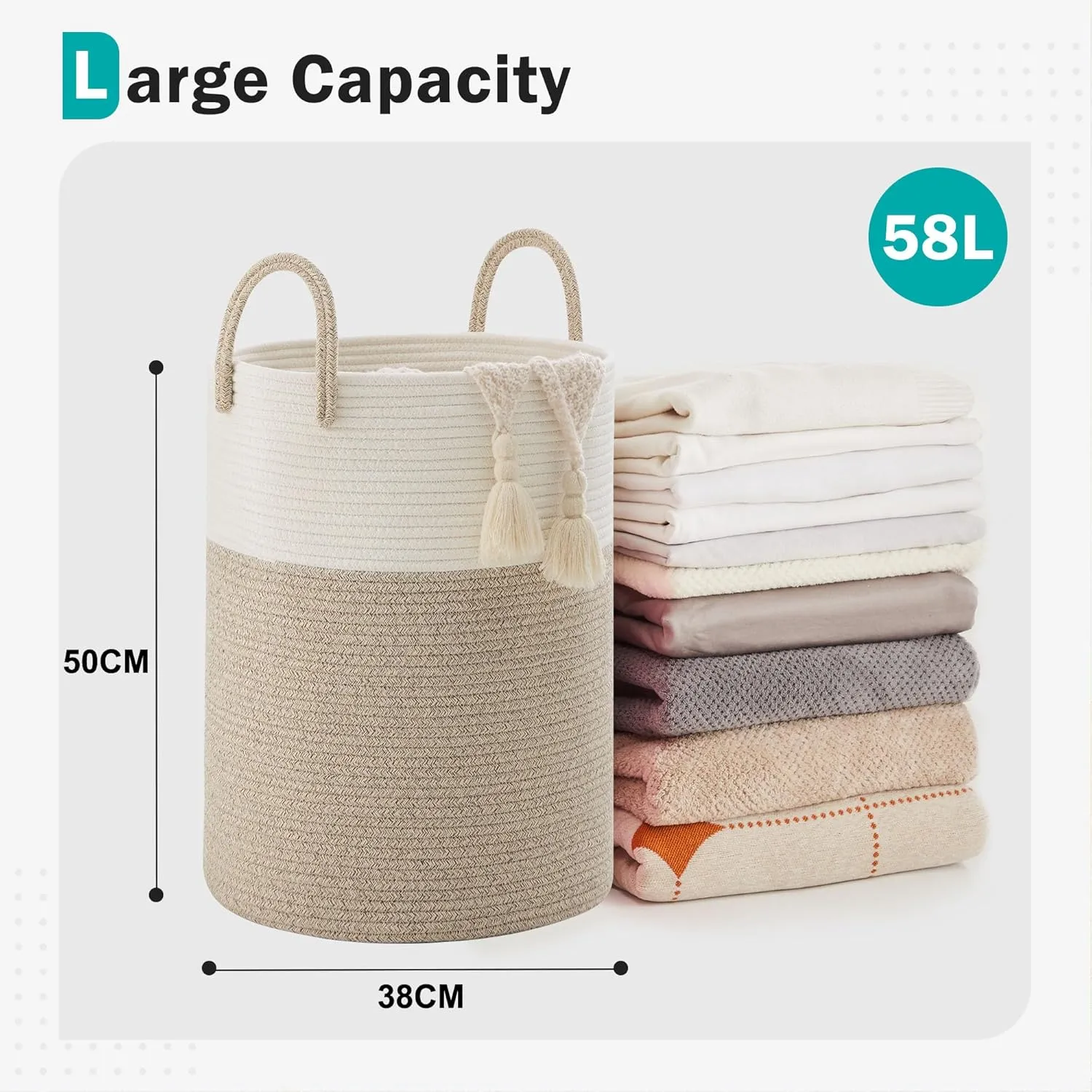Cotton Rope Laundry Basket by YOUDENOVA, 58L Woven Collapsible Laundry Hamper, Clothes Hamper with Reinforced Handles in the Laundry Room, Bedroom, Bathroom, Brown