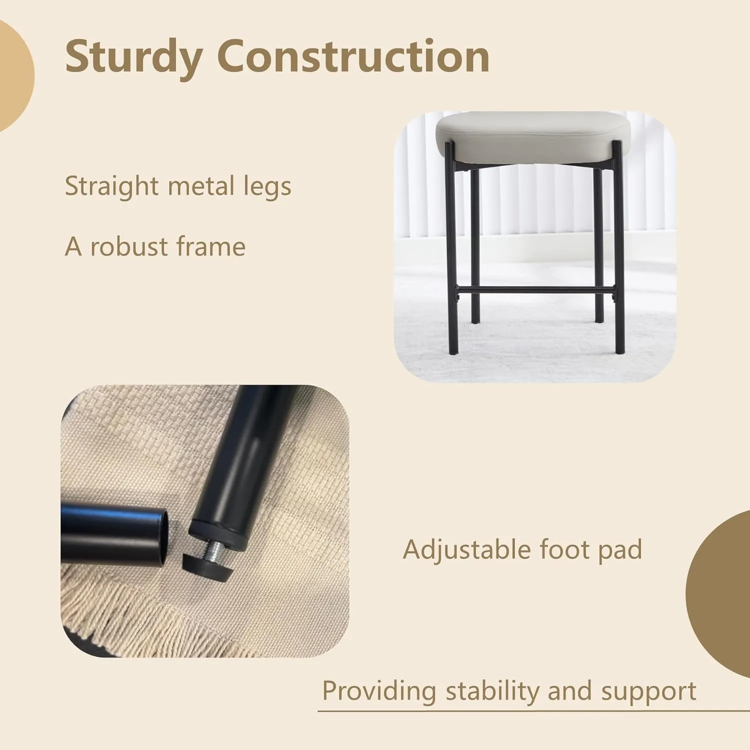 Counter Height Bar Stools Set of 3, 24'' Faux Leather Bar Stools with Back, Mid-Century Modern Bar Chairs for Kitchen Island, Dining Room, Vegan Leather, Grey
