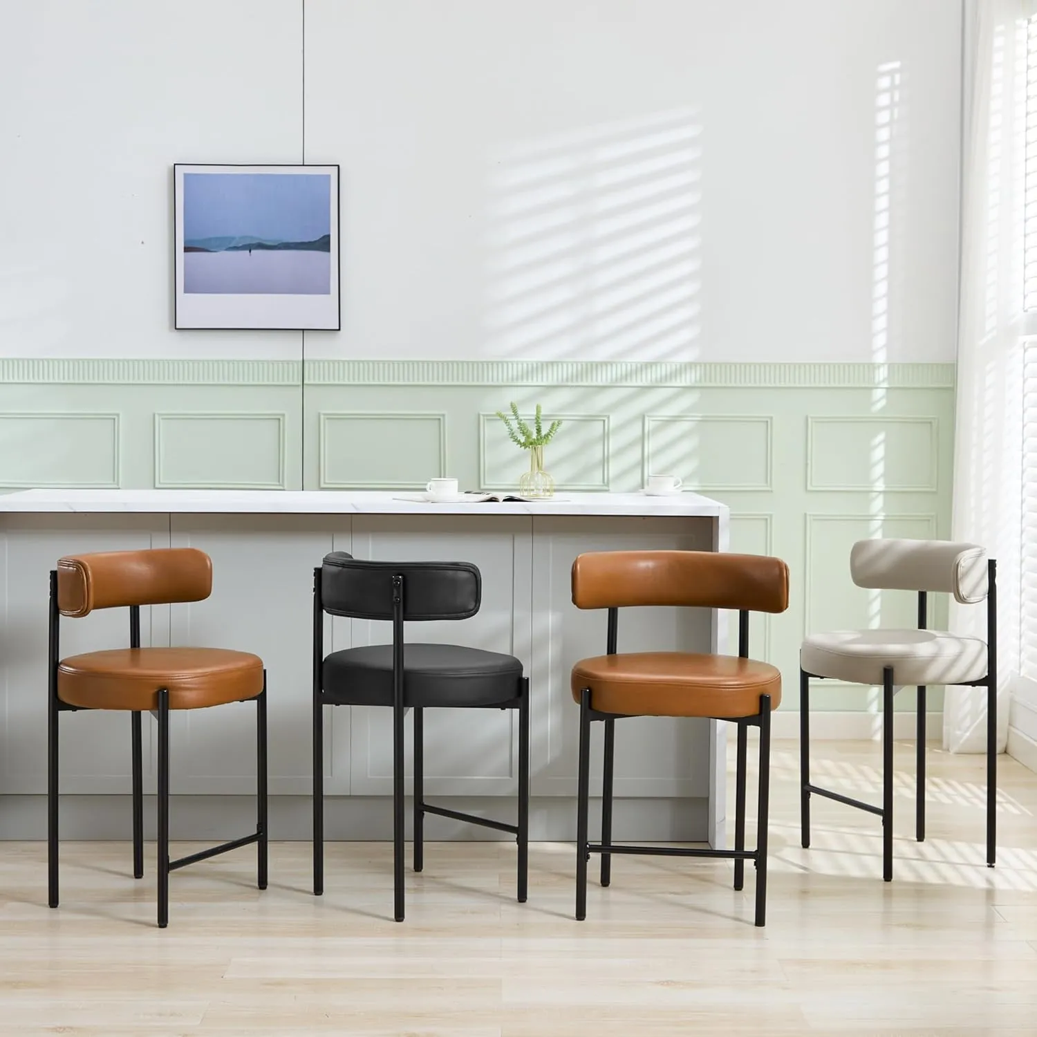 Counter Height Bar Stools Set of 3, 24'' Faux Leather Bar Stools with Back, Mid-Century Modern Bar Chairs for Kitchen Island, Dining Room, Vegan Leather, Grey