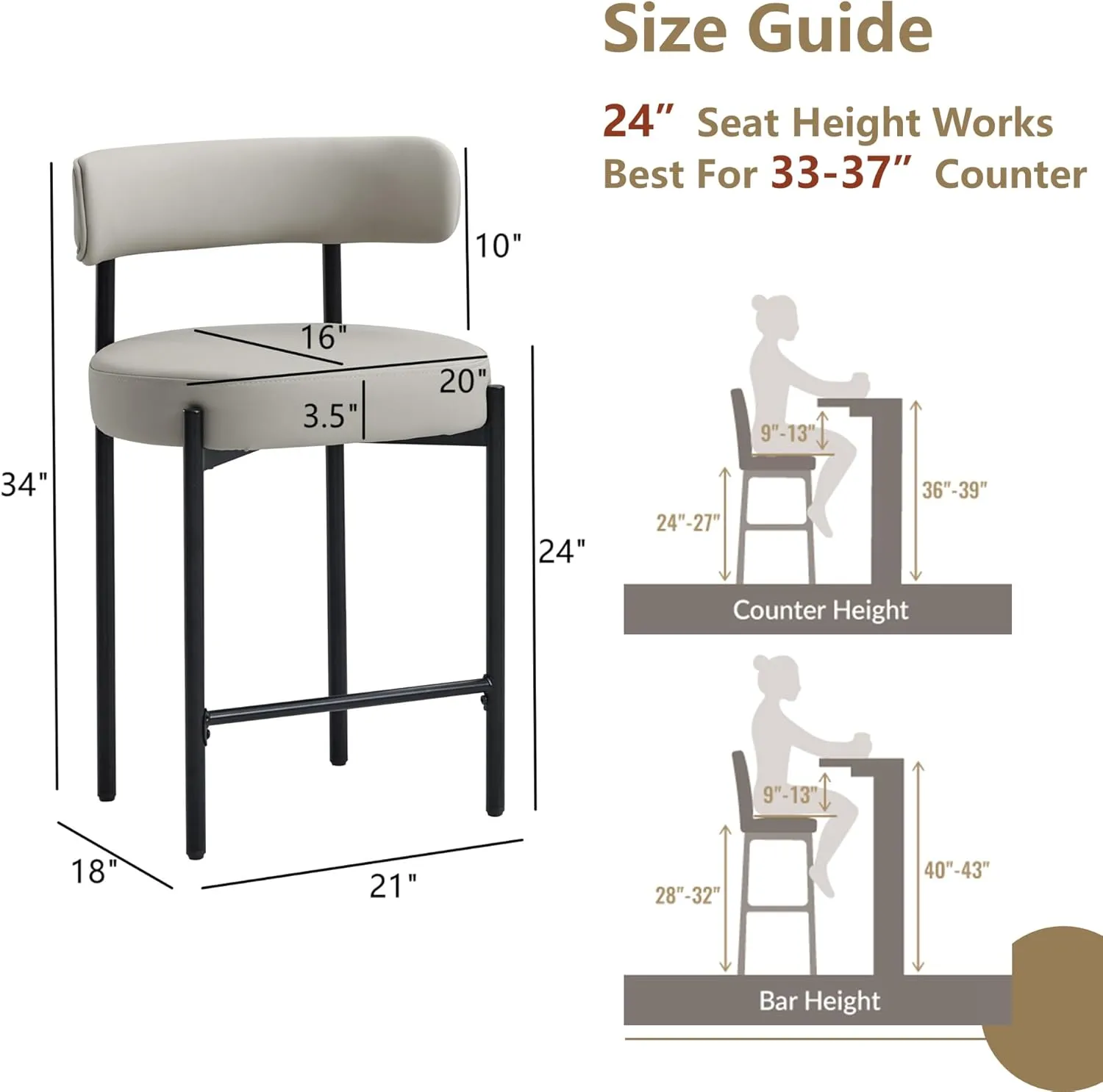Counter Height Bar Stools Set of 3, 24'' Faux Leather Bar Stools with Back, Mid-Century Modern Bar Chairs for Kitchen Island, Dining Room, Vegan Leather, Grey