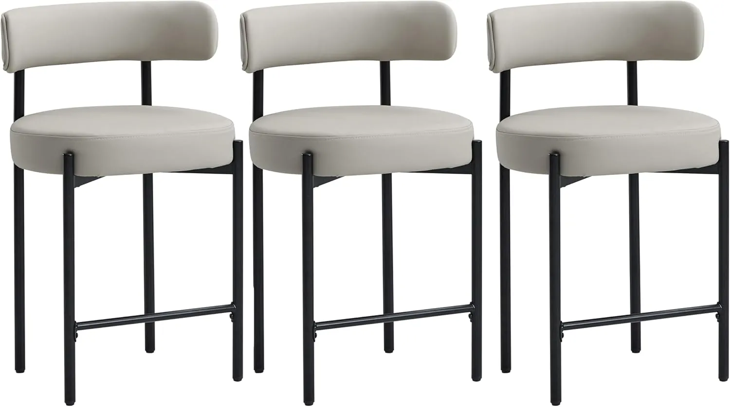 Counter Height Bar Stools Set of 3, 24'' Faux Leather Bar Stools with Back, Mid-Century Modern Bar Chairs for Kitchen Island, Dining Room, Vegan Leather, Grey