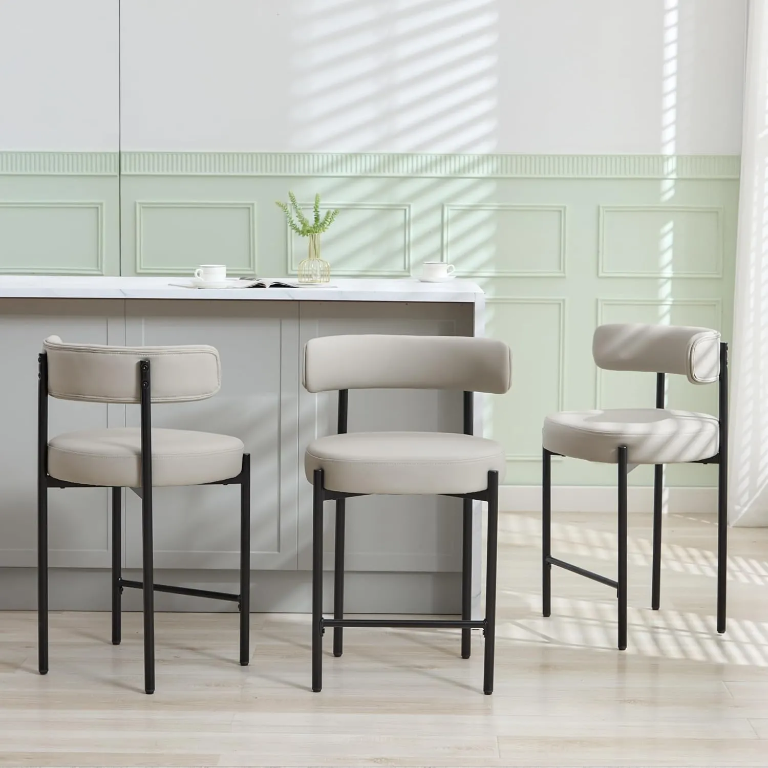 Counter Height Bar Stools Set of 3, 24'' Faux Leather Bar Stools with Back, Mid-Century Modern Bar Chairs for Kitchen Island, Dining Room, Vegan Leather, Grey
