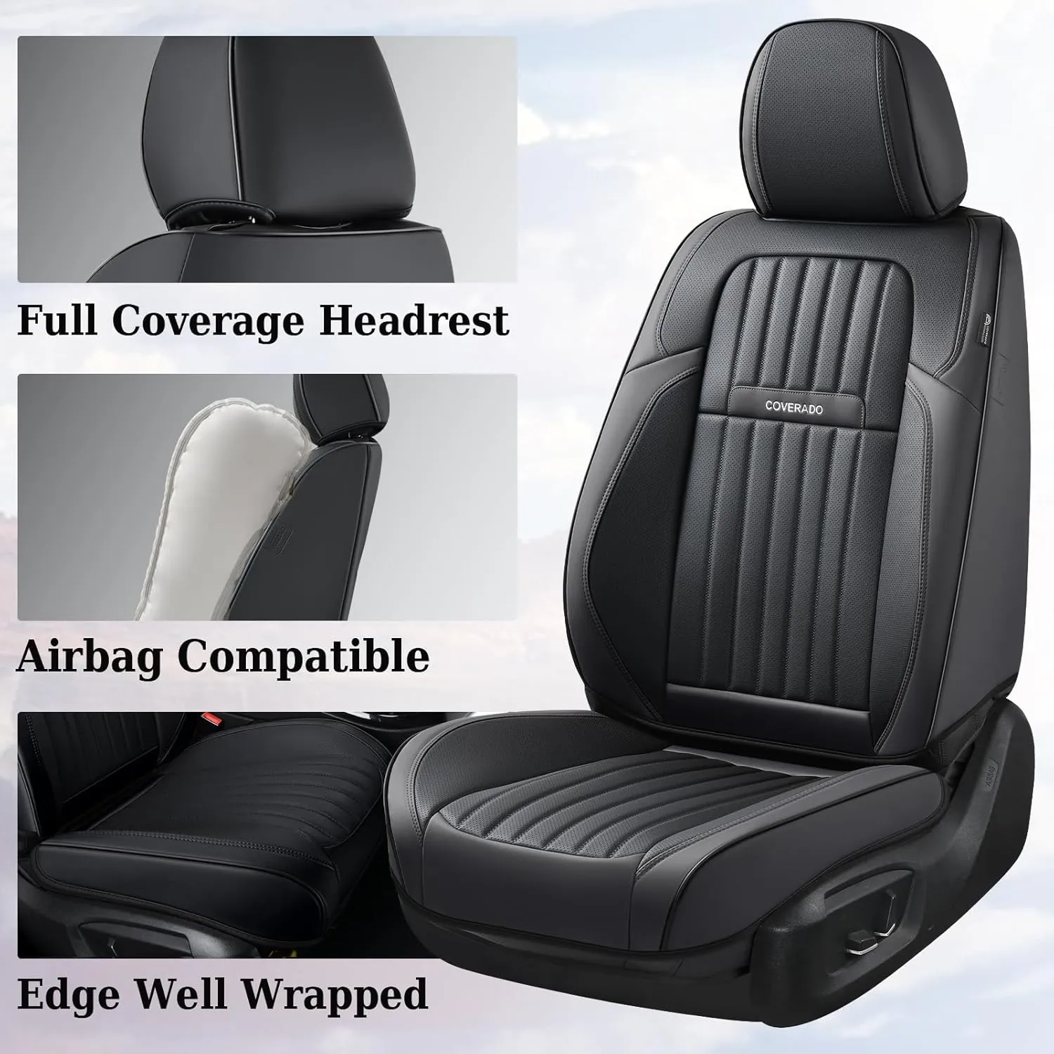 Coverado Car Seat Covers Full Set, Seat Covers for Cars, Black Car Seat Cover, Car Seat Protector, Nappa Leather Car Seat Cushion, Waterproof Car Seat Covers Front Seats and Back Fit for Most Cars