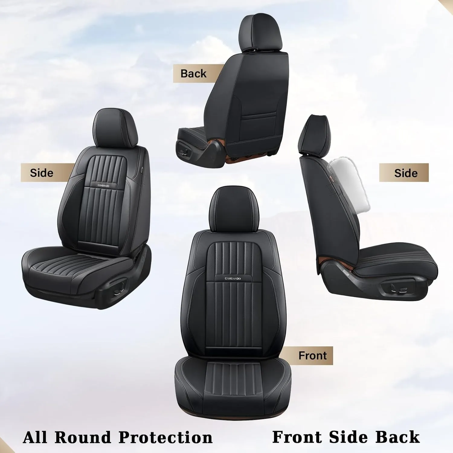 Coverado Car Seat Covers Full Set, Seat Covers for Cars, Black Car Seat Cover, Car Seat Protector, Nappa Leather Car Seat Cushion, Waterproof Car Seat Covers Front Seats and Back Fit for Most Cars