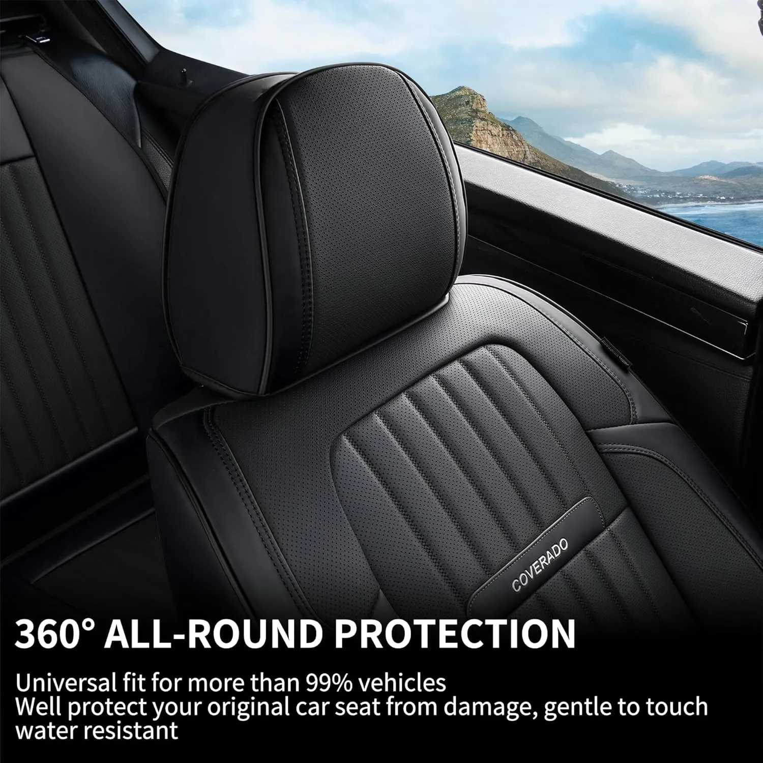 Coverado Car Seat Covers Full Set, Seat Covers for Cars, Black Car Seat Cover, Car Seat Protector, Nappa Leather Car Seat Cushion, Waterproof Car Seat Covers Front Seats and Back Fit for Most Cars