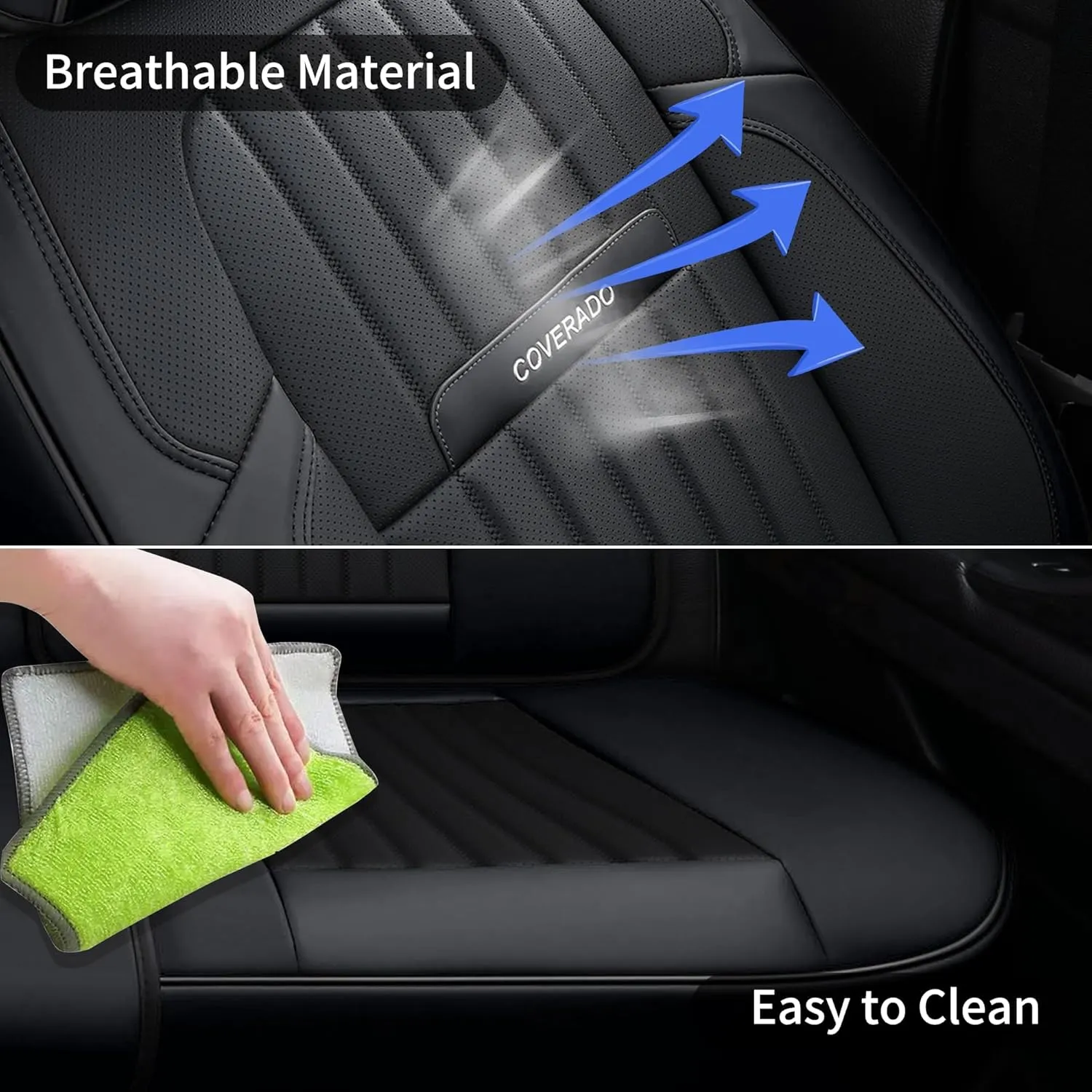 Coverado Car Seat Covers Full Set, Seat Covers for Cars, Black Car Seat Cover, Car Seat Protector, Nappa Leather Car Seat Cushion, Waterproof Car Seat Covers Front Seats and Back Fit for Most Cars