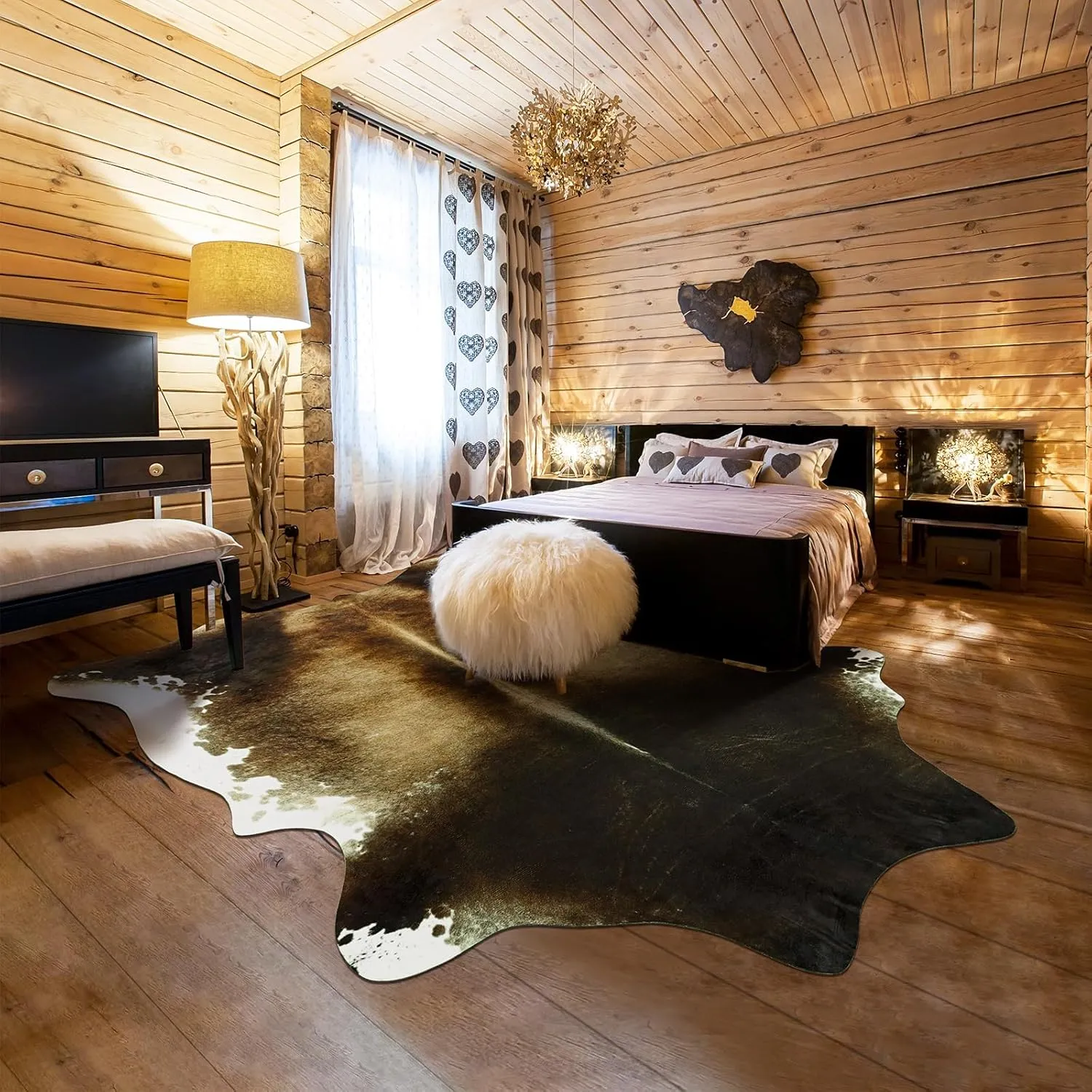 Cow Hide Rug for Living Room, Washable Cowhide Rug, Faux Animal Skin Rugs, Non-Slip Cow Print Area Rug, 5x6 Ft Cowhide Rugs for Bedroom Office Kitchen, Brindle and White