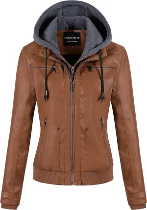 CREATMO US Women's Faux Leather Jacket Waterproof Motorcycle Bomber Jacket Vintage PU Moto Biker Coat With Removable Hood