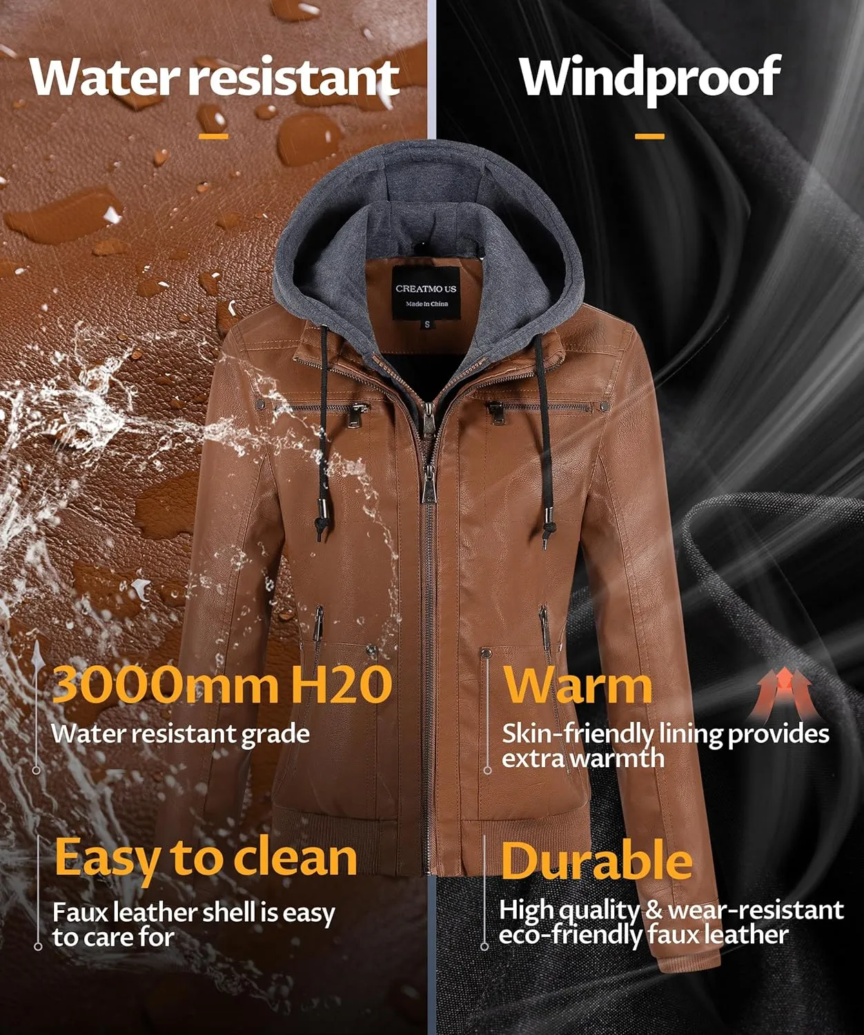 CREATMO US Women's Faux Leather Jacket Waterproof Motorcycle Bomber Jacket Vintage PU Moto Biker Coat With Removable Hood