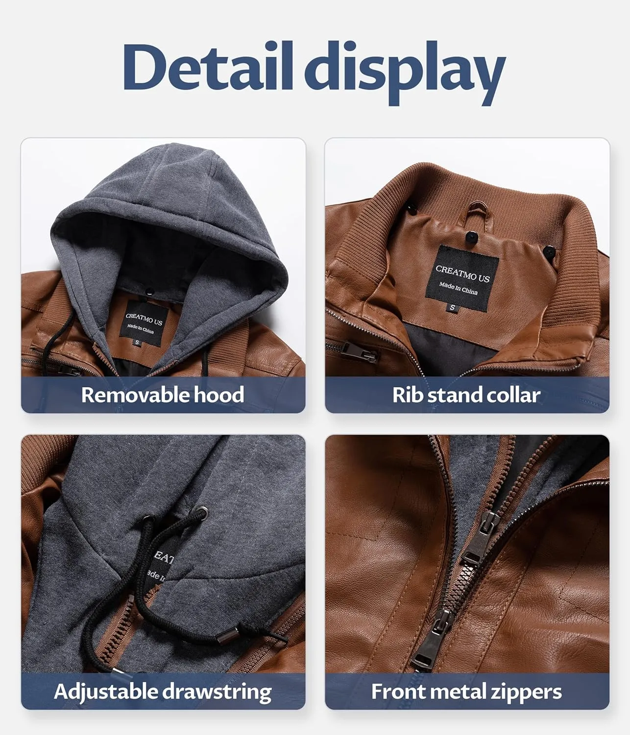 CREATMO US Women's Faux Leather Jacket Waterproof Motorcycle Bomber Jacket Vintage PU Moto Biker Coat With Removable Hood