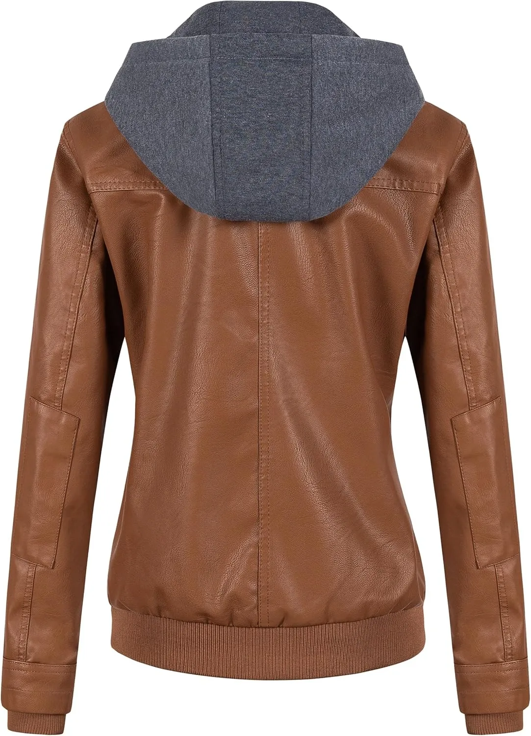 CREATMO US Women's Faux Leather Jacket Waterproof Motorcycle Bomber Jacket Vintage PU Moto Biker Coat With Removable Hood