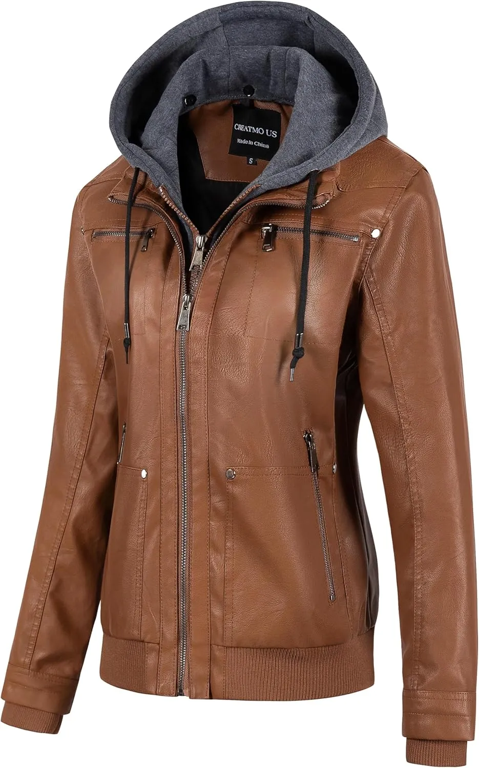 CREATMO US Women's Faux Leather Jacket Waterproof Motorcycle Bomber Jacket Vintage PU Moto Biker Coat With Removable Hood