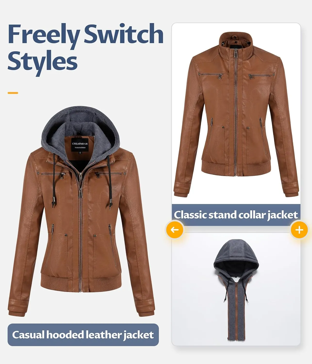 CREATMO US Women's Faux Leather Jacket Waterproof Motorcycle Bomber Jacket Vintage PU Moto Biker Coat With Removable Hood