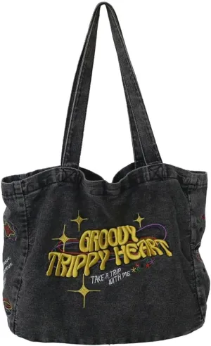 Crossbody Bags For Women Casual Denim Bags Embroidery Shoulder Bag Travel Zipper Handbag Tote Bag