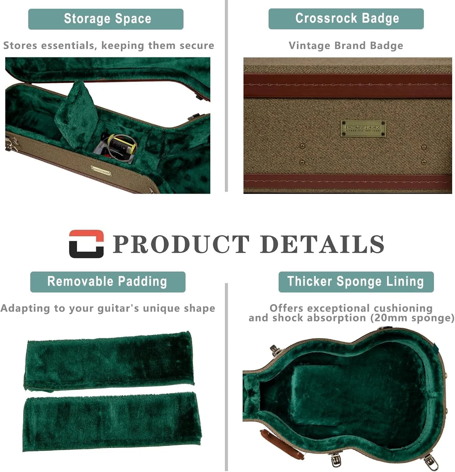 Crossrock Master Series Dreadnought Acoustic Guitar Case for Gibson J-45 / Martin D-Style | Olive Green Eco Tweed Fabric, Re-Engineered Shell, Leather Handle & Forest Green Velvet Interior