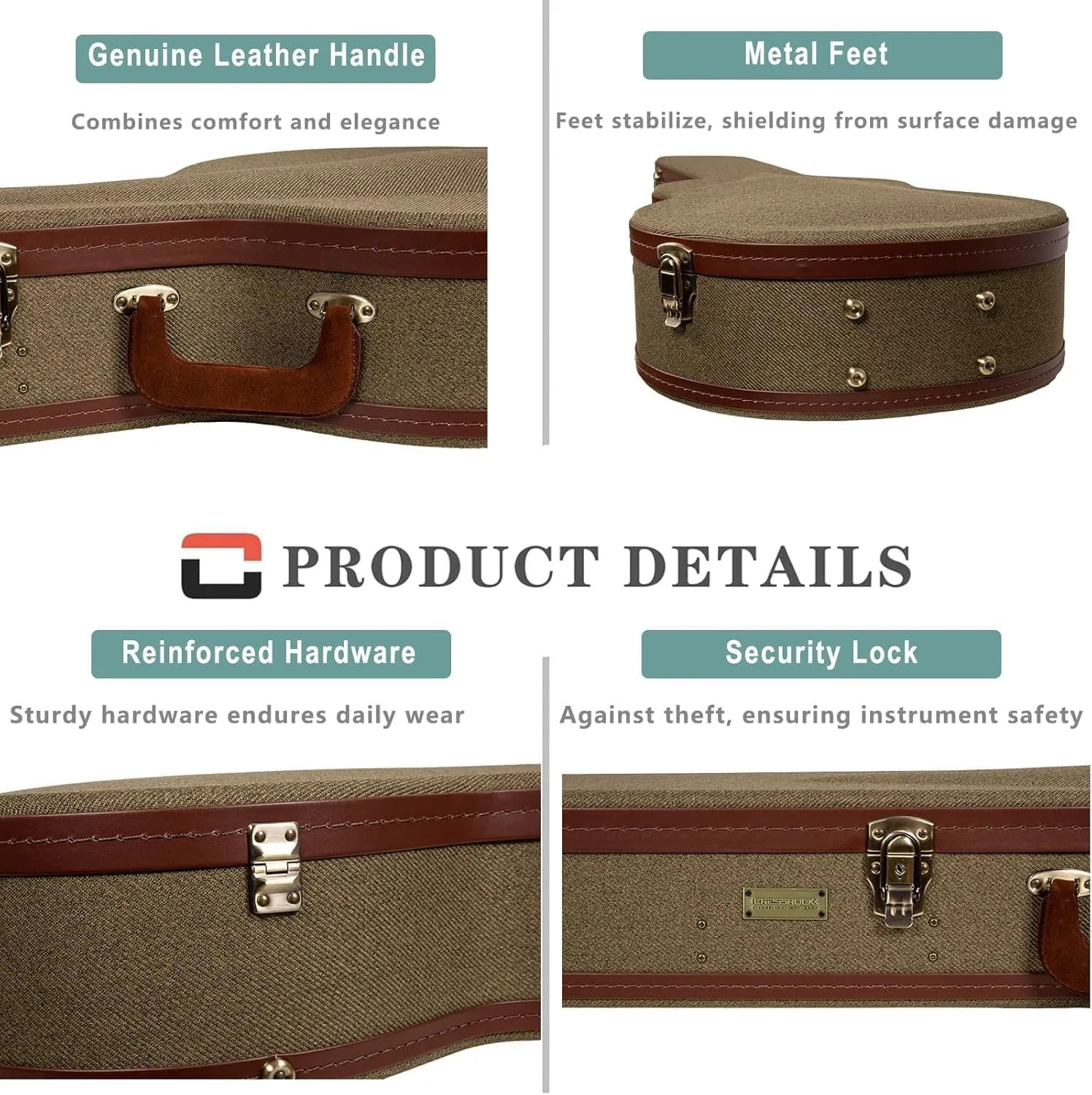 Crossrock Master Series Dreadnought Acoustic Guitar Case for Gibson J-45 / Martin D-Style | Olive Green Eco Tweed Fabric, Re-Engineered Shell, Leather Handle & Forest Green Velvet Interior
