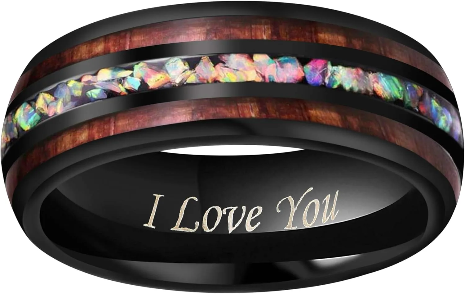 CROWNAL 4mm 8mm Handmade Genuine Crushed Fire Opal Balck Tungsten Carbide Men Women Wedding Band With Koa Wood Inlay Engraved I Love You Size 7 To 17