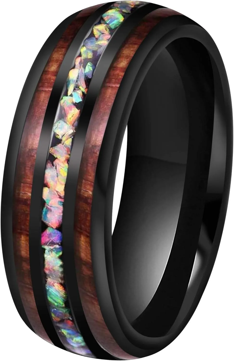 CROWNAL 4mm 8mm Handmade Genuine Crushed Fire Opal Balck Tungsten Carbide Men Women Wedding Band With Koa Wood Inlay Engraved I Love You Size 7 To 17